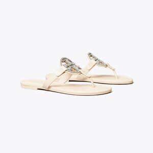 NIB Tory Burch Miller Pave Crystal  Thong Sandals Leathe r Cream
